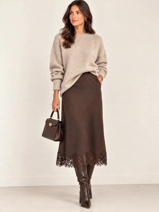 Rachel Zoe Dresses & Skirts - New Satin Lace Hem Midi Skirt in Brown Chocolate NWT
